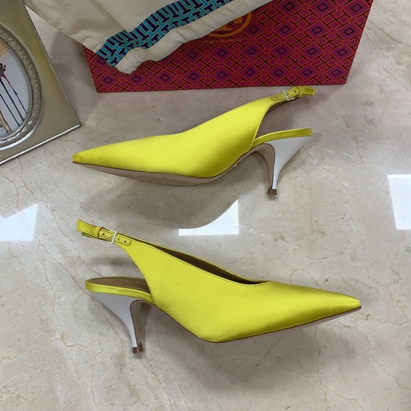 HOST PIC TORY BURCH SATIN SLINGBACK PUMP ACIDIC YELLOW WHITE PATENT HEEL SIZE 8 - Picture 15 of 15